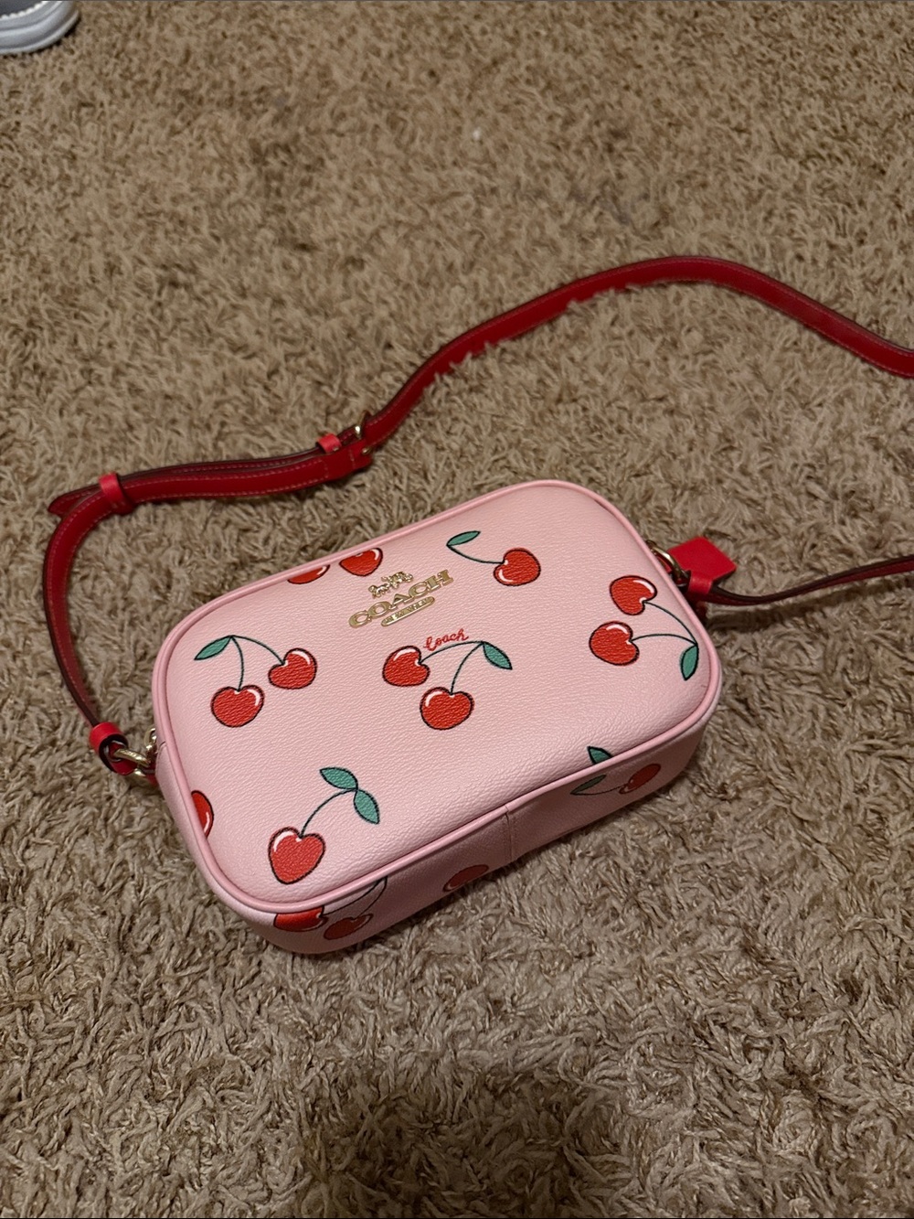 Coach Pink Cherry Print Crossbody with Red Strap
